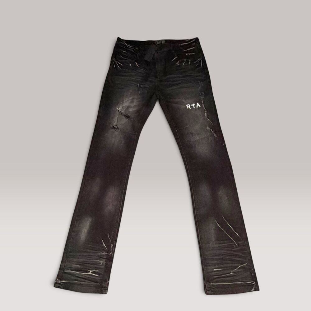 RtA Olivier Men's Stacked Skinny Jeans Worn Out Black Distressed Denim Sz:34